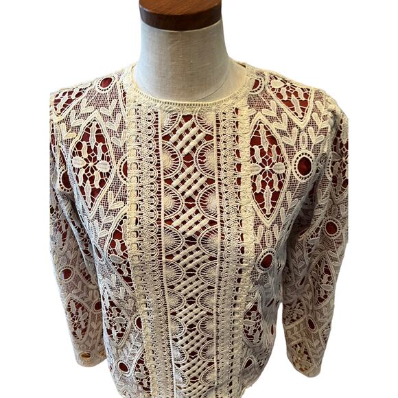 MOUSSY Vintage Lace Long Sleeve Top Ivory Rust S - Picture 1 of 6